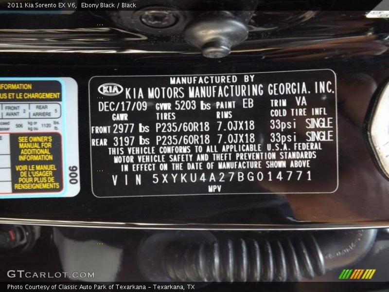 Ebony Black / Black 2011 Kia Sorento EX V6