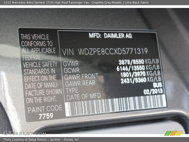 2013 Sprinter 2500 High Roof Passenger Van Graphite Grey Metallic Color Code 7759