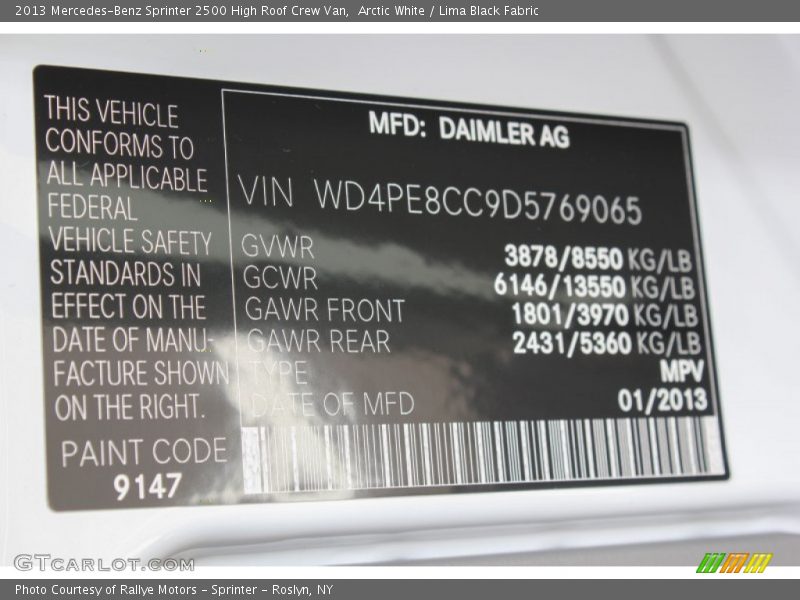 2013 Sprinter 2500 High Roof Crew Van Arctic White Color Code 9147