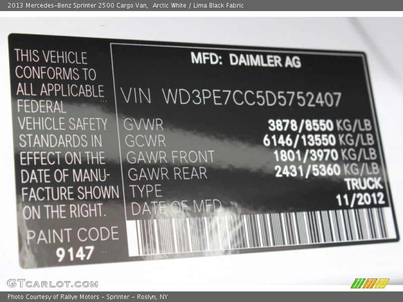 Arctic White / Lima Black Fabric 2013 Mercedes-Benz Sprinter 2500 Cargo Van