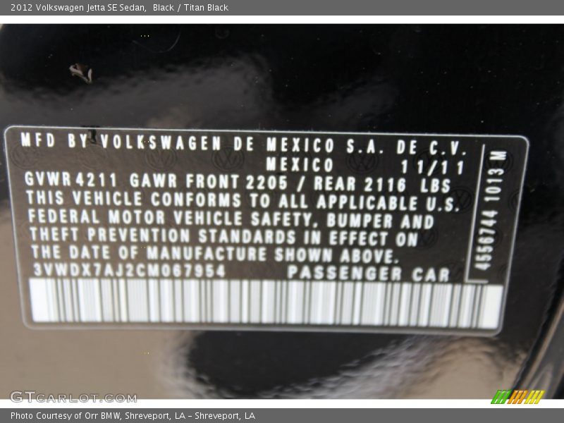 Black / Titan Black 2012 Volkswagen Jetta SE Sedan