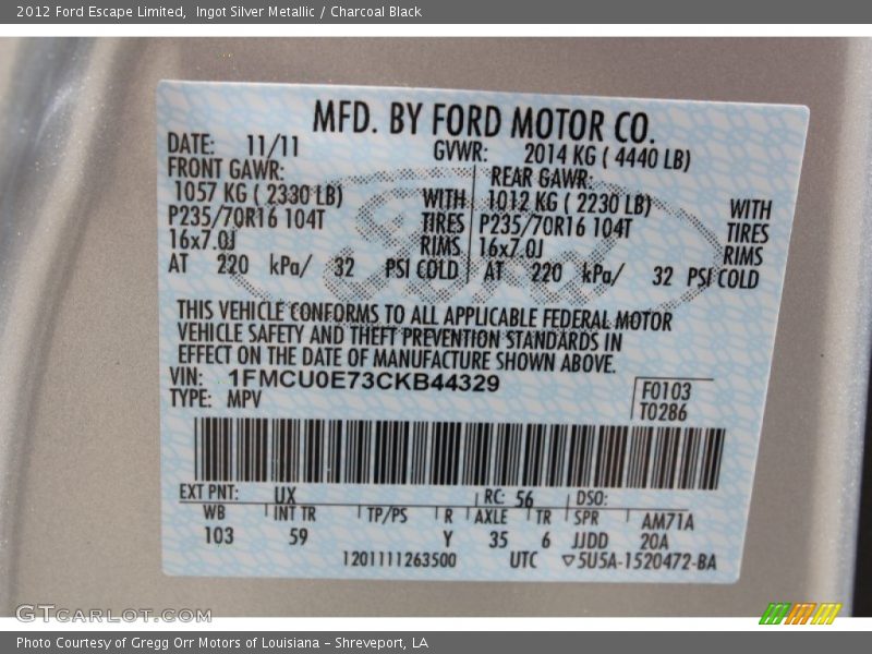 Ingot Silver Metallic / Charcoal Black 2012 Ford Escape Limited