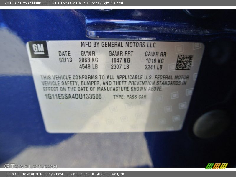 Blue Topaz Metallic / Cocoa/Light Neutral 2013 Chevrolet Malibu LT