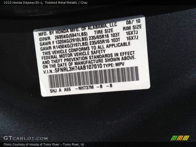 Polished Metal Metallic / Gray 2010 Honda Odyssey EX-L