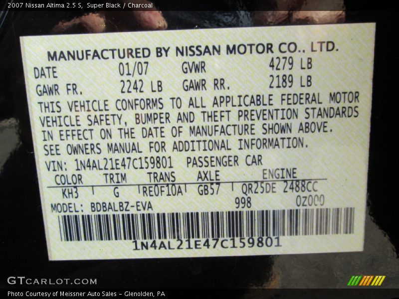 Super Black / Charcoal 2007 Nissan Altima 2.5 S