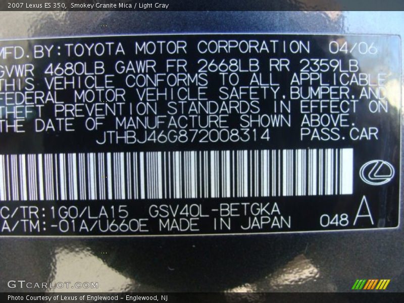 Smokey Granite Mica / Light Gray 2007 Lexus ES 350