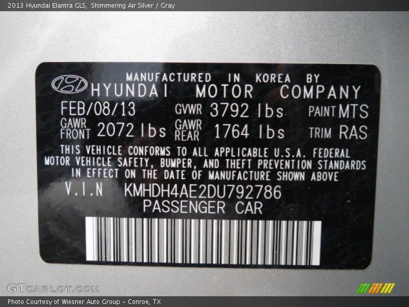 Shimmering Air Silver / Gray 2013 Hyundai Elantra GLS