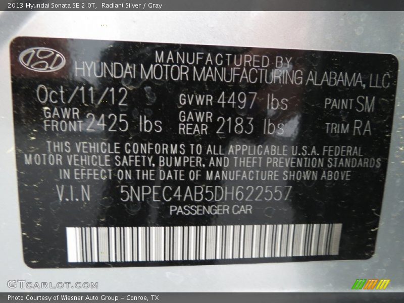 Radiant Silver / Gray 2013 Hyundai Sonata SE 2.0T