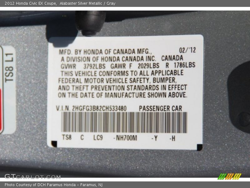 Alabaster Silver Metallic / Gray 2012 Honda Civic EX Coupe