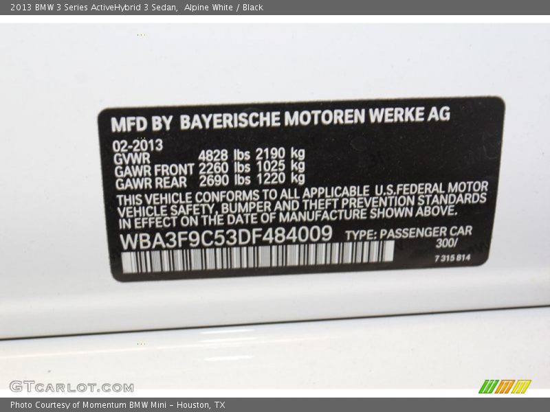 2013 3 Series ActiveHybrid 3 Sedan Alpine White Color Code 300