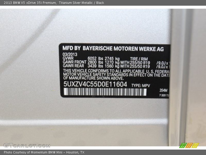 2013 X5 xDrive 35i Premium Titanium Silver Metallic Color Code 354
