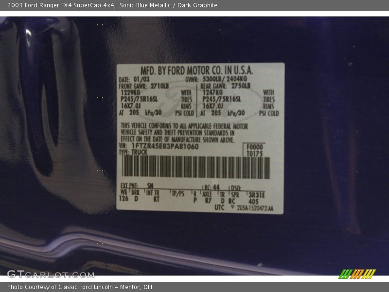 2003 Ranger FX4 SuperCab 4x4 Sonic Blue Metallic Color Code SN