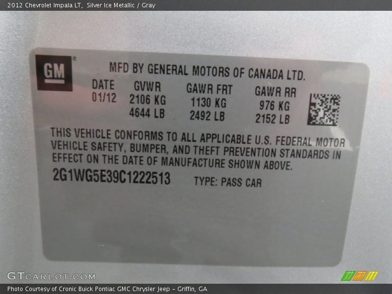 Silver Ice Metallic / Gray 2012 Chevrolet Impala LT