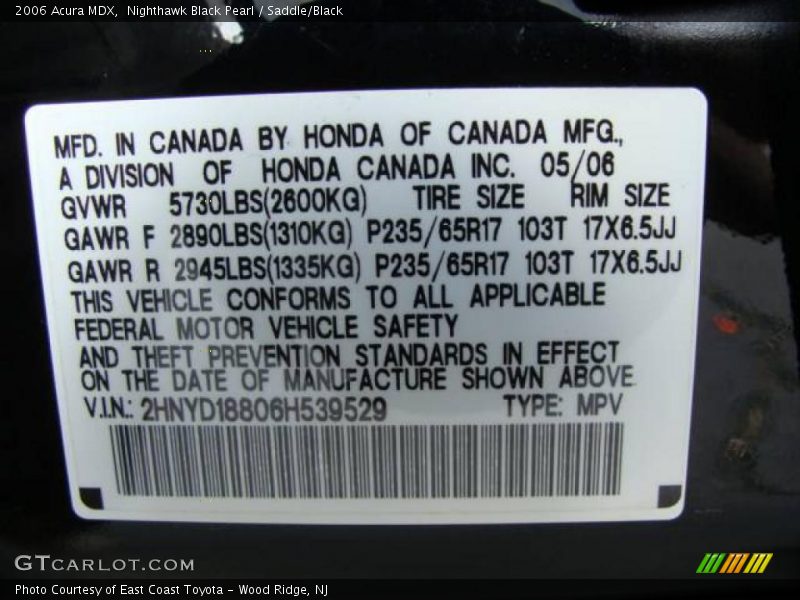 Nighthawk Black Pearl / Saddle/Black 2006 Acura MDX