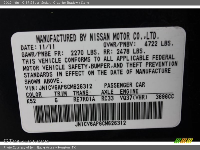 Graphite Shadow / Stone 2012 Infiniti G 37 S Sport Sedan