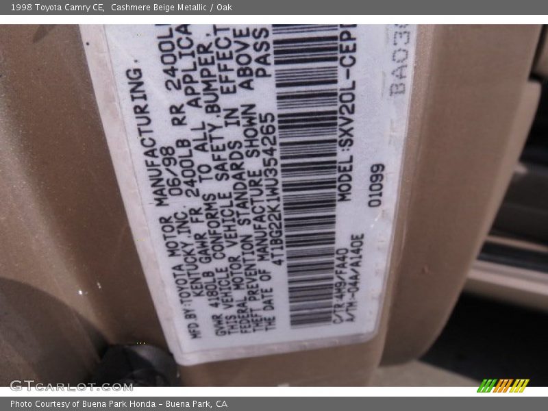 Cashmere Beige Metallic / Oak 1998 Toyota Camry CE