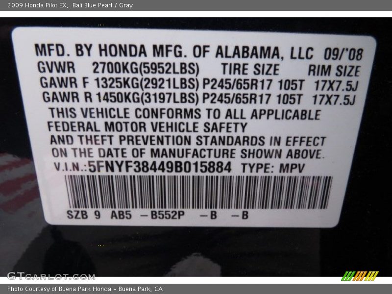Bali Blue Pearl / Gray 2009 Honda Pilot EX