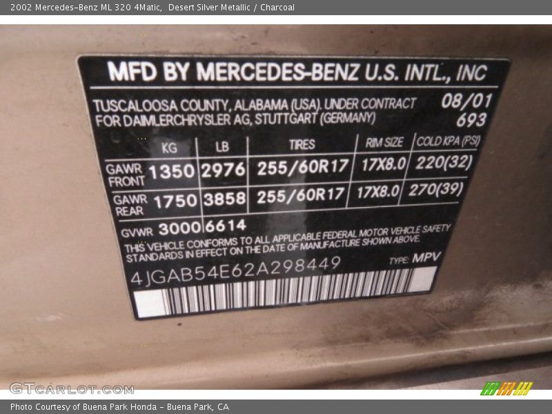 Desert Silver Metallic / Charcoal 2002 Mercedes-Benz ML 320 4Matic