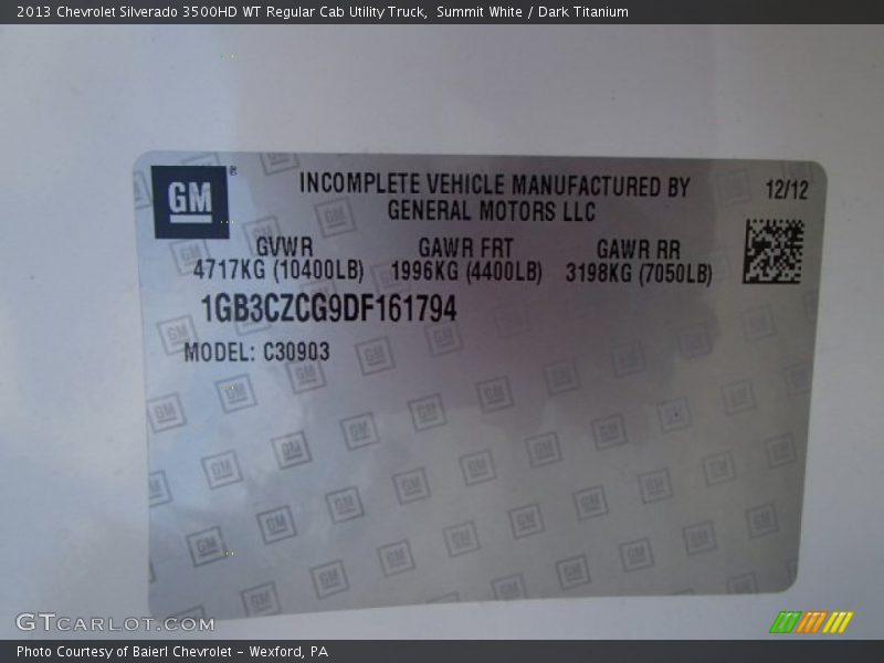 Summit White / Dark Titanium 2013 Chevrolet Silverado 3500HD WT Regular Cab Utility Truck