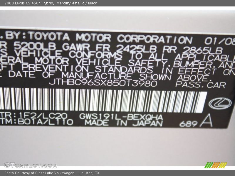 Mercury Metallic / Black 2008 Lexus GS 450h Hybrid