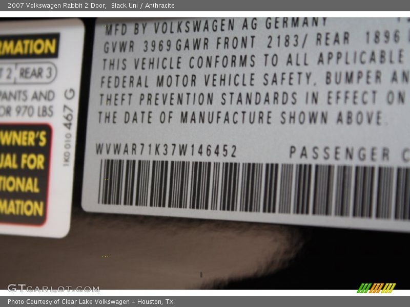 Black Uni / Anthracite 2007 Volkswagen Rabbit 2 Door