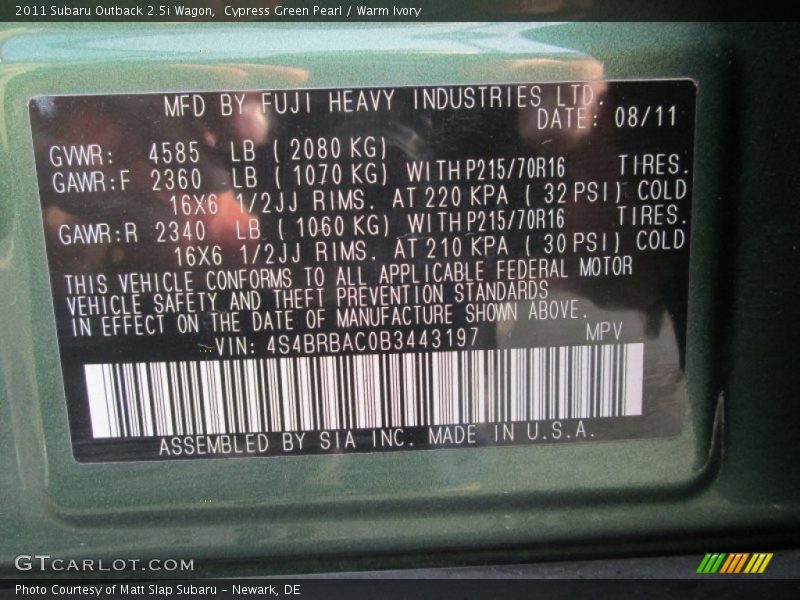 Cypress Green Pearl / Warm Ivory 2011 Subaru Outback 2.5i Wagon
