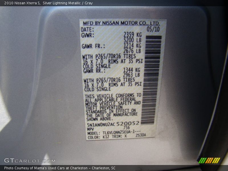 Silver Lightning Metallic / Gray 2010 Nissan Xterra S
