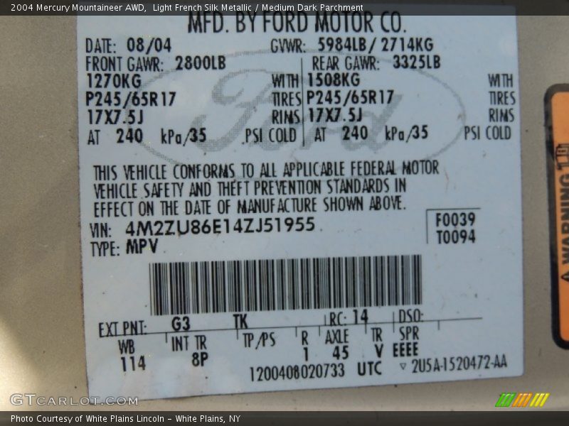 Light French Silk Metallic / Medium Dark Parchment 2004 Mercury Mountaineer AWD