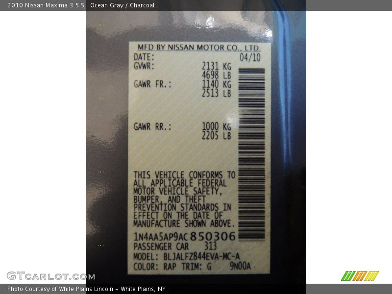 Ocean Gray / Charcoal 2010 Nissan Maxima 3.5 S