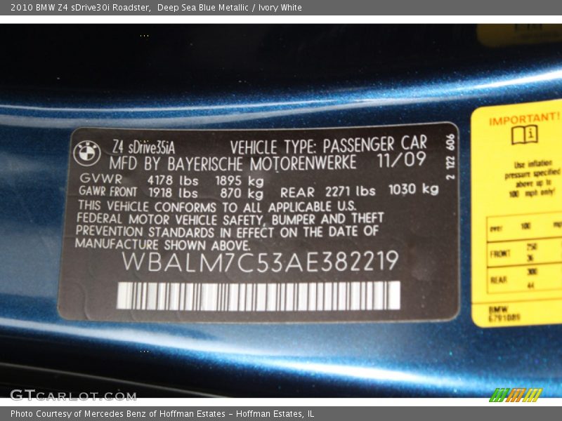 Deep Sea Blue Metallic / Ivory White 2010 BMW Z4 sDrive30i Roadster