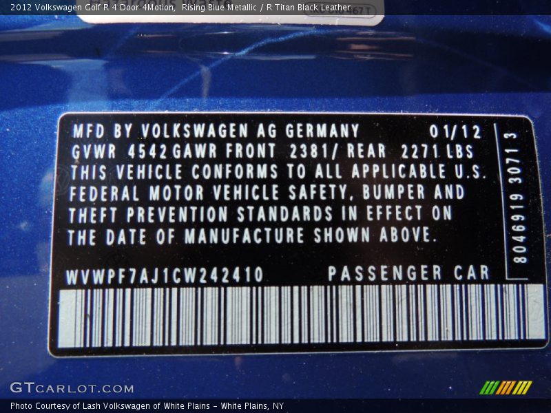 Rising Blue Metallic / R Titan Black Leather 2012 Volkswagen Golf R 4 Door 4Motion