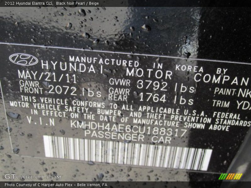 Black Noir Pearl / Beige 2012 Hyundai Elantra GLS