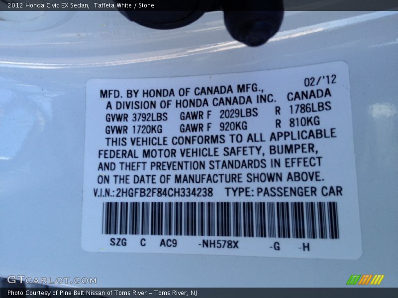 Taffeta White / Stone 2012 Honda Civic EX Sedan