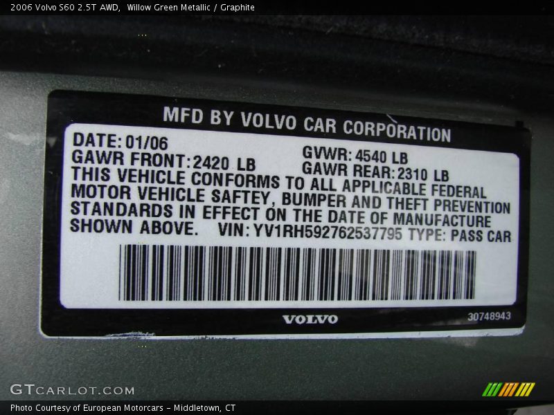 Willow Green Metallic / Graphite 2006 Volvo S60 2.5T AWD