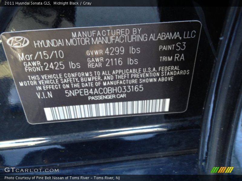 Midnight Black / Gray 2011 Hyundai Sonata GLS