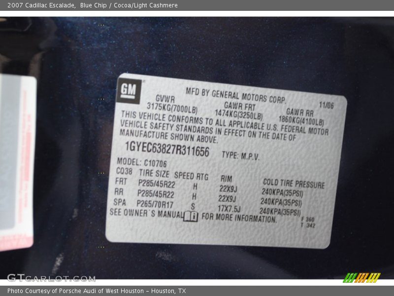 Blue Chip / Cocoa/Light Cashmere 2007 Cadillac Escalade