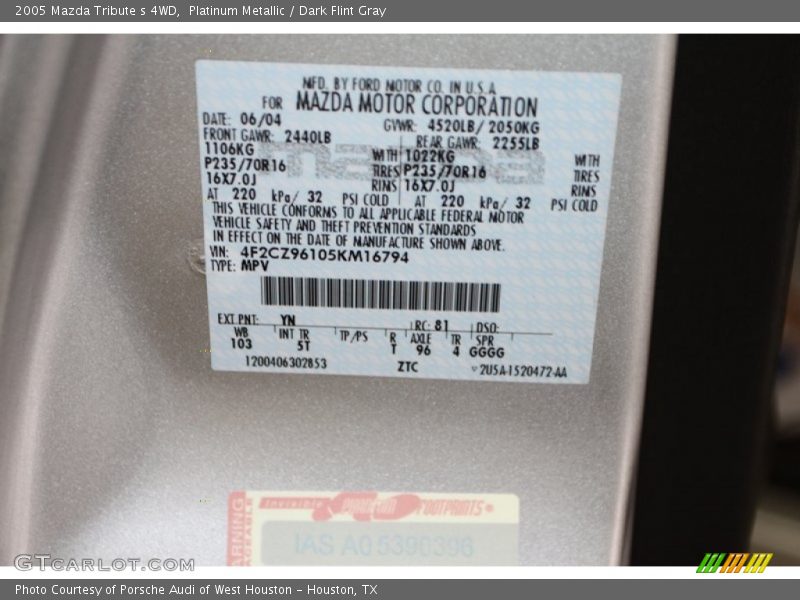 Platinum Metallic / Dark Flint Gray 2005 Mazda Tribute s 4WD