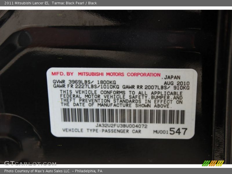 Tarmac Black Pearl / Black 2011 Mitsubishi Lancer ES