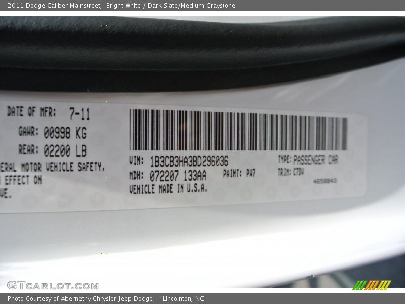 Bright White / Dark Slate/Medium Graystone 2011 Dodge Caliber Mainstreet