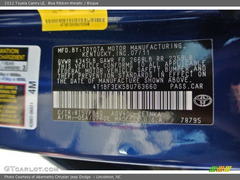 Blue Ribbon Metallic / Bisque 2011 Toyota Camry LE