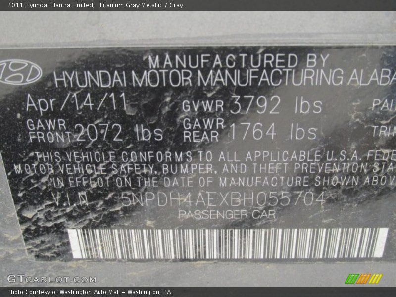 Titanium Gray Metallic / Gray 2011 Hyundai Elantra Limited