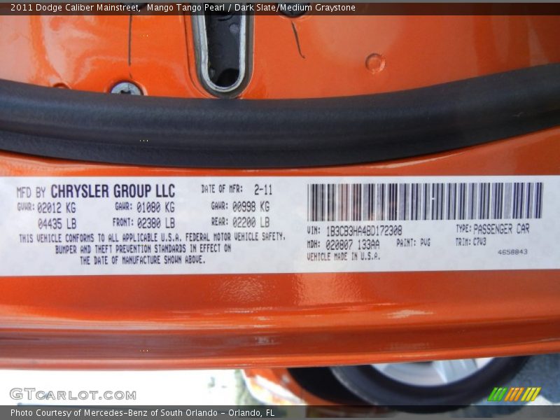 2011 Caliber Mainstreet Mango Tango Pearl Color Code PVG