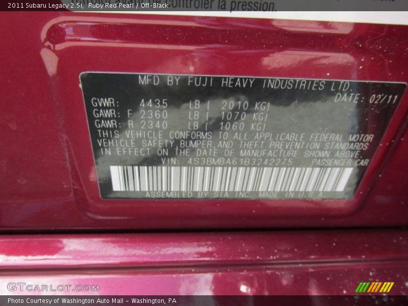 Ruby Red Pearl / Off-Black 2011 Subaru Legacy 2.5i