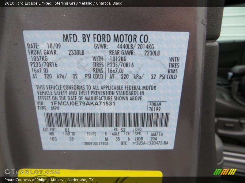 Sterling Grey Metallic / Charcoal Black 2010 Ford Escape Limited