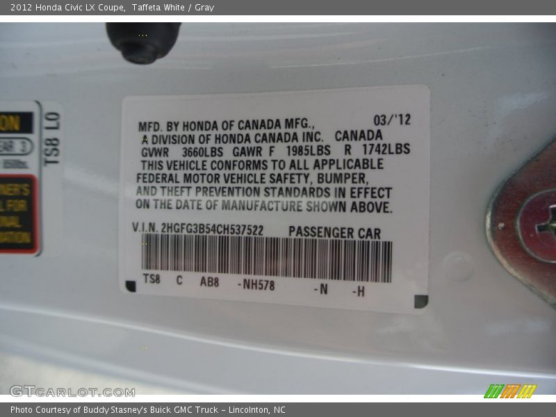 Taffeta White / Gray 2012 Honda Civic LX Coupe