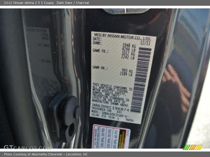 Dark Slate / Charcoal 2012 Nissan Altima 2.5 S Coupe