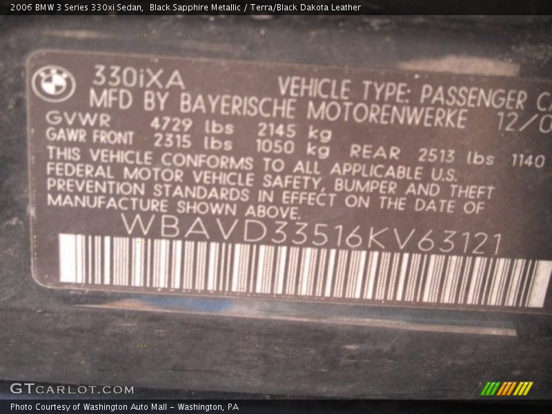 Black Sapphire Metallic / Terra/Black Dakota Leather 2006 BMW 3 Series 330xi Sedan