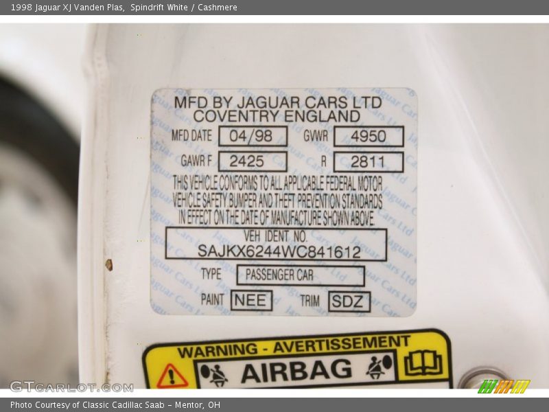 1998 XJ Vanden Plas Spindrift White Color Code NEE