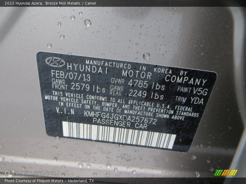 Bronze Mist Metallic / Camel 2013 Hyundai Azera