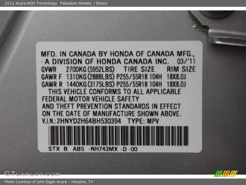 Palladium Metallic / Ebony 2011 Acura MDX Technology